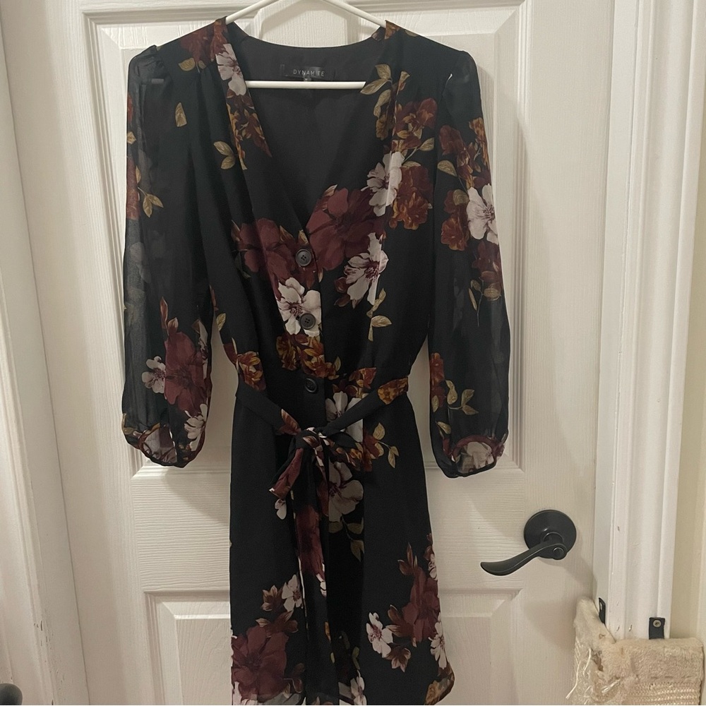 Dynamite Black Floral Wrap Dress with Burgundy & Cream Blooms